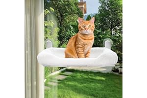 Ohcozzy Cat Window Perch, Soft Warm Plush Cat Hammock for Window with Robust Metal Frame for Cats and Kittens, Foldable Cat Window Bed for Sunbathing, Napping & Overlooking (White)