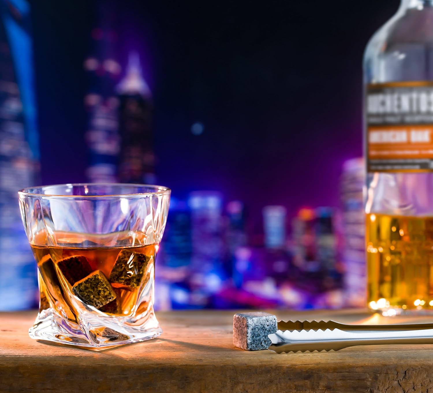 Whiskey Stones and Whiskey Glass Gift Boxed Set, 8 Granite Chilling Whisky Rocks, 2 Glasses in Wooden Box, Great Gift for Father's Day, Dad's Birthday or Anytime For Dad, Plus 2 Free Coasters: Kitchen & Dining