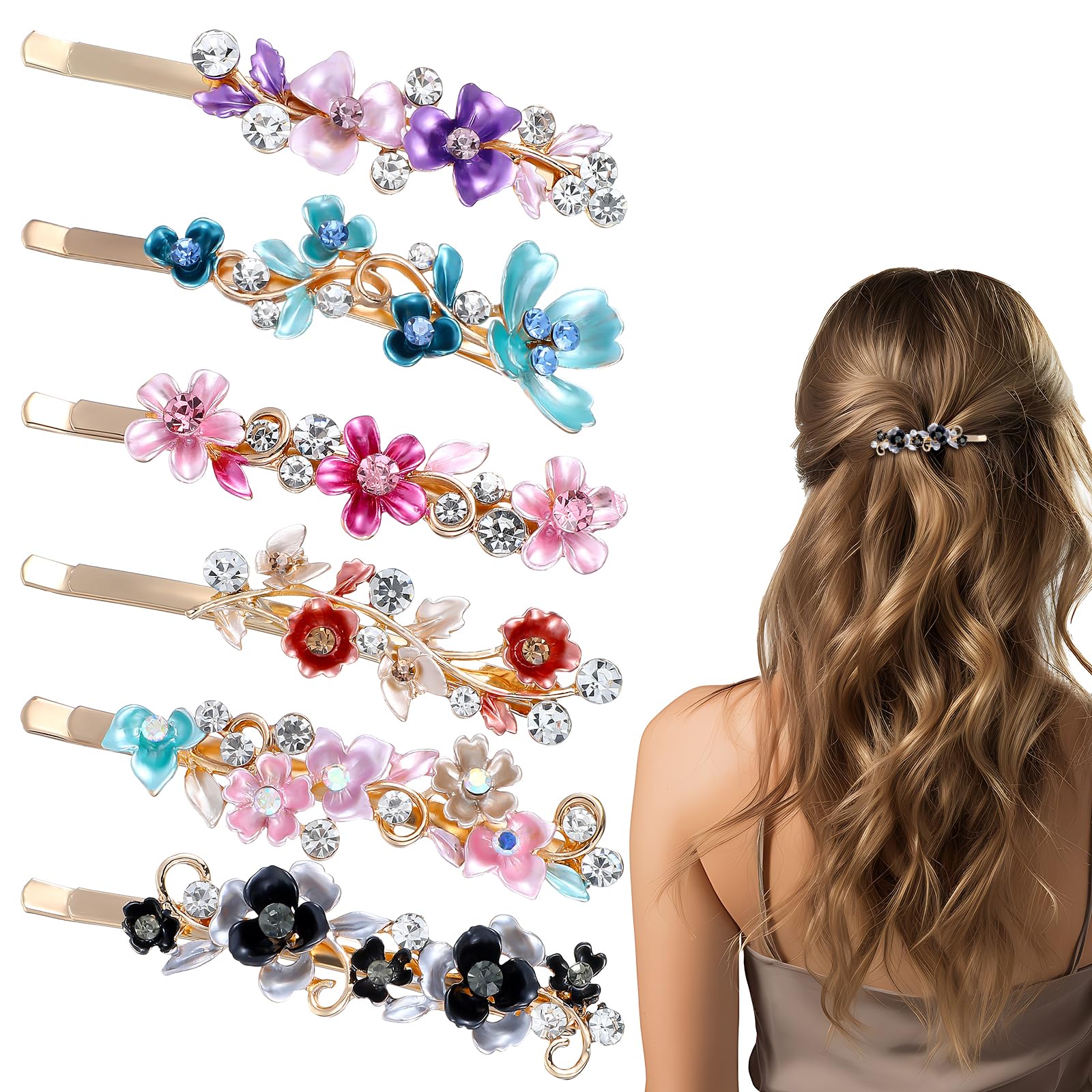 6pcs Vintage Rhinestone Hair Clips Women Sparkly Hairpin Flower Small Bobby Barrettes Fancy Decorative Metal Gold Tone Hairpins French Colorful Floral Hair Accessories for Women Girl Prom Valentines