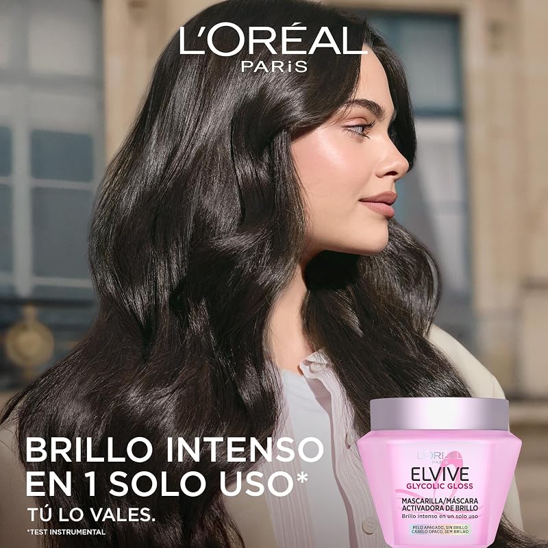 L'Oréal Paris, Mascarilla Activadora del Brillo, Brillo Intenso en Un Solo Uso, Cabello Más Liso, Con Ácido Glicólico, Para Cabello Apagado y Sin Vida, Elvive Glycolic Gloss, 310 ml