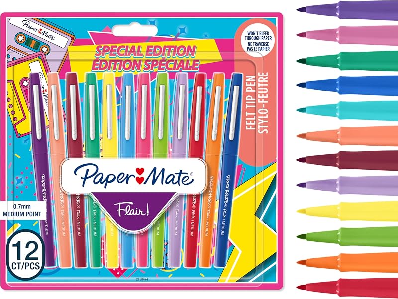 Paper Mate Flair Felt Tip Pens 0.7 mm Medium Point 12 Count Assorted Colours