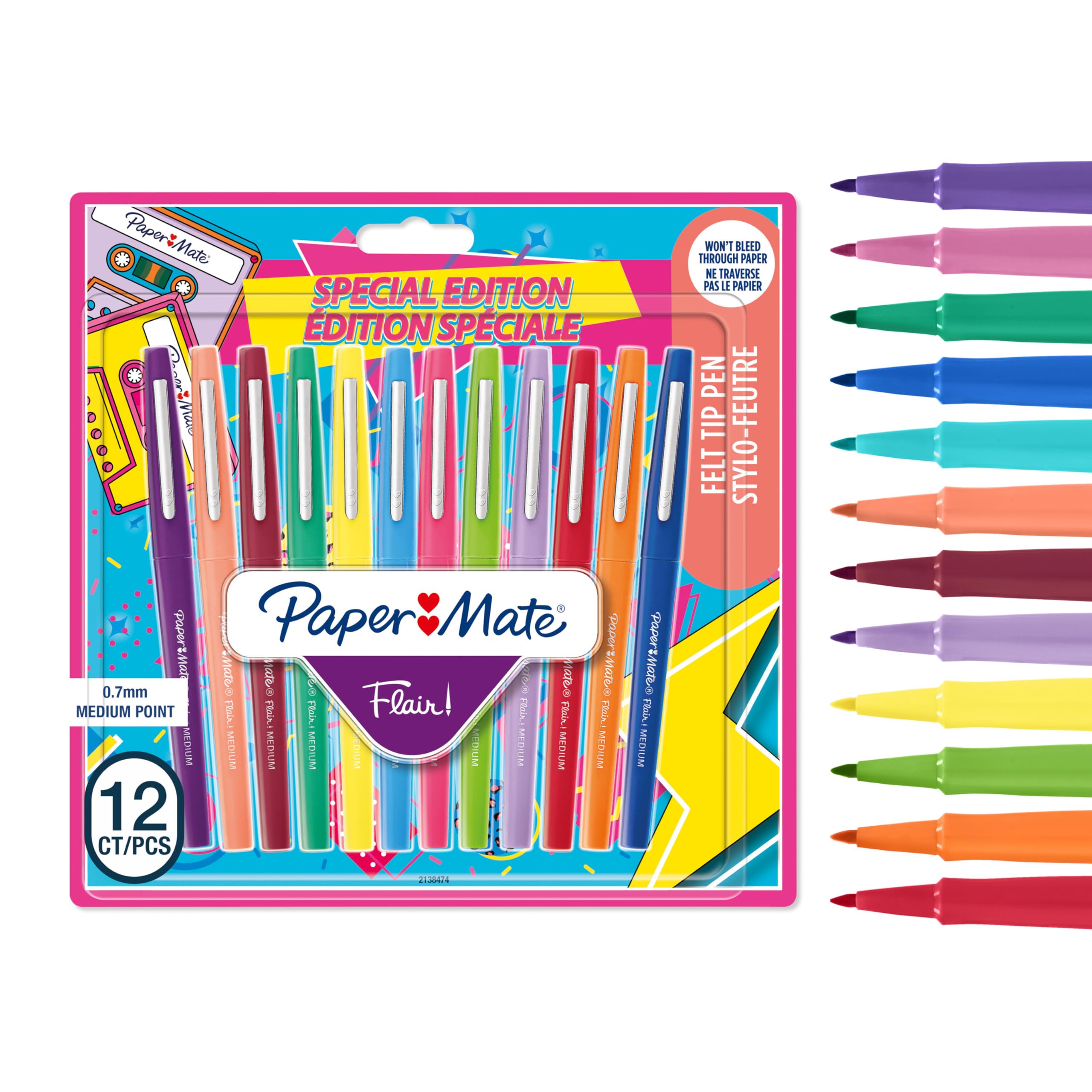 Paper Mate Flair Felt Tip Pens | Medium Point (0.7 mm) Marker Pens | Assorted Retro Colouring Pens | For Kids & Adult Colouring, Journalling & More | 12 Count