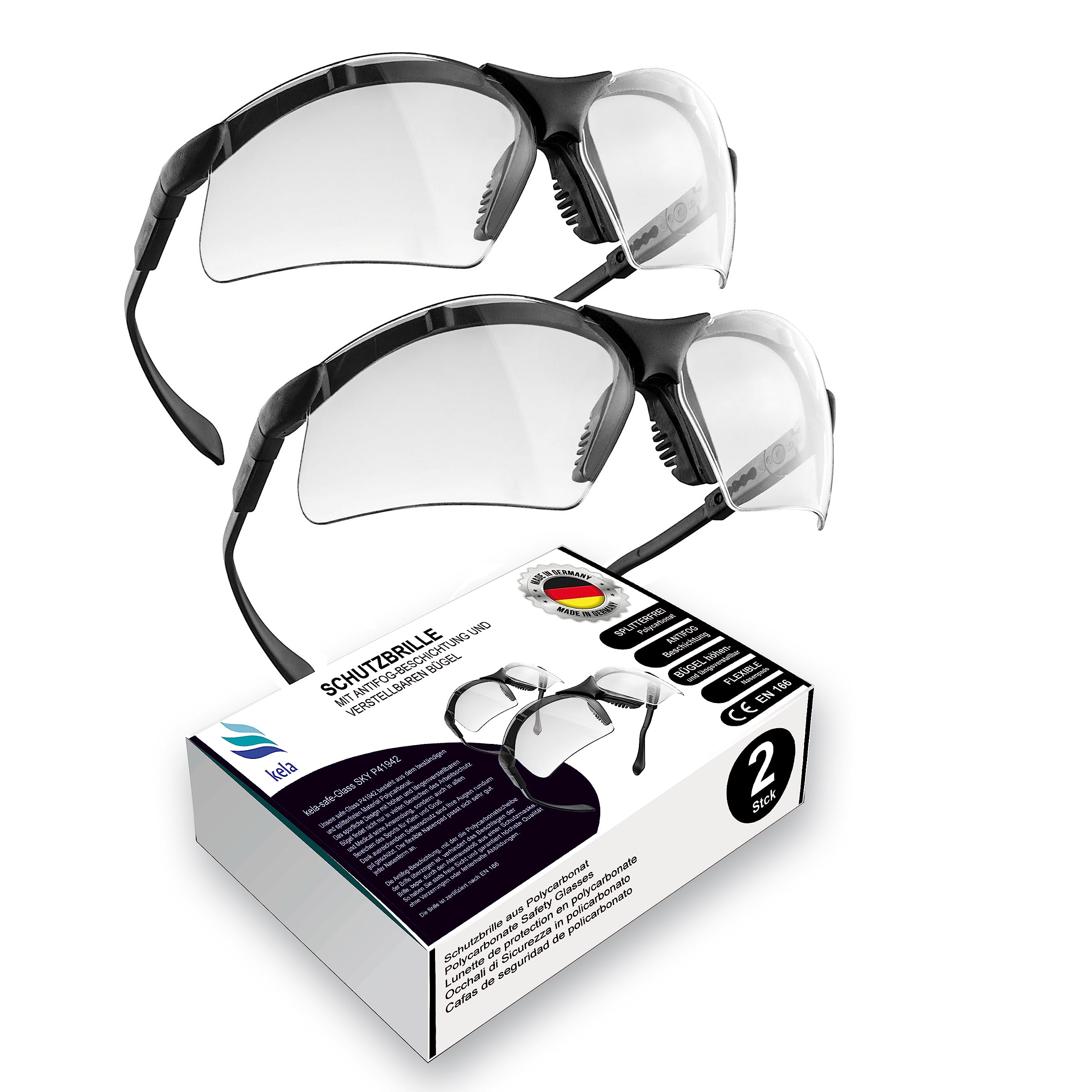 kela 2x Safety Glasses SKY | 100% Made in Germany | Shatterproof, Scratch-Resistant work safety goggles with integrated side protection, sports glasses | Height- and length adjustable temples