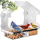 Window Bird Feeder with 4 Strong Suction Cups, Anti-Fall Magnetic Sliding Tray, Drain Holes, Clear Acrylic, Large Bird House 
