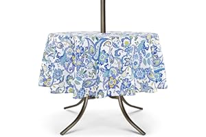 UMINEUX Outdoor Tablecloth with Umbrella Hole and Zipper, Spring/Summer Waterproof Table Cover for Picnic/BBQ/Garden(60" Round Navy&Green)