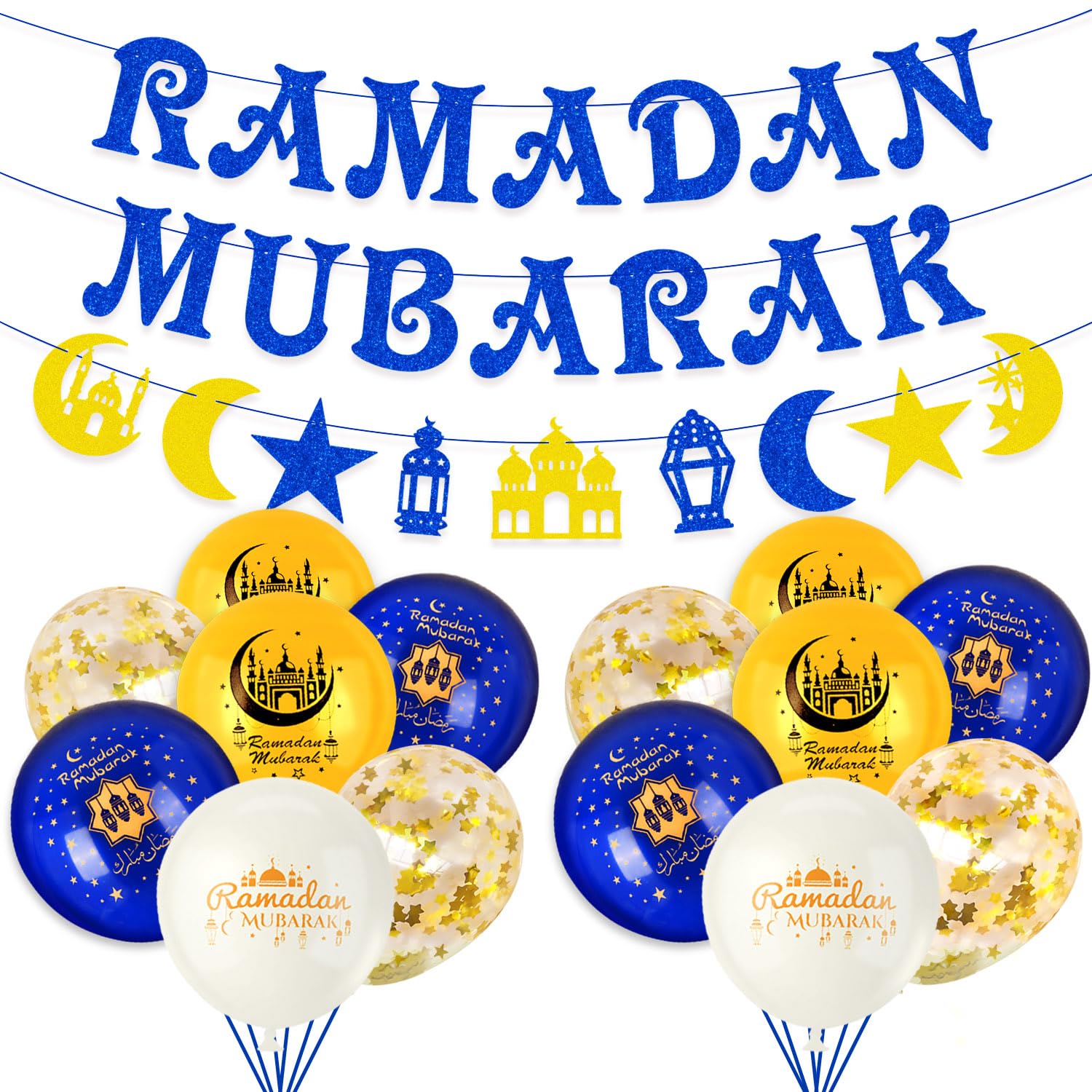 AhfuLife Ramadan Mubarak Decorations for Home, Ramadan Mubarak Bunting Banner with 14pcs Balloons for Home Eid Mubarak Ramadan Decoration