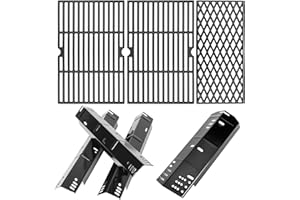 GRIMATE Grill Replacement Part for Dyna glo - DGH450CRP, Porcelain Steel Heat Plate 4 Pack, Cast Iron Cooking Grates 3 Pack