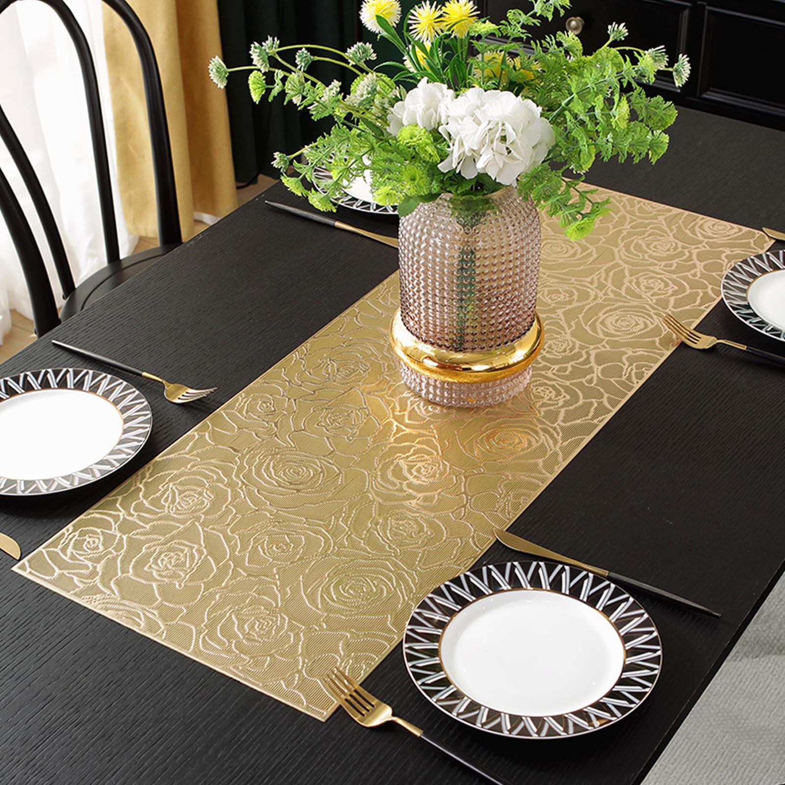 Hosoncovy Hollow Rose Table Runner Non-slip Decorative PVC Table Mats Placemat Heat Resistant Mats for Home Party Kitchen Dining Wedding Decor (92CM X 33CM) (Gold)