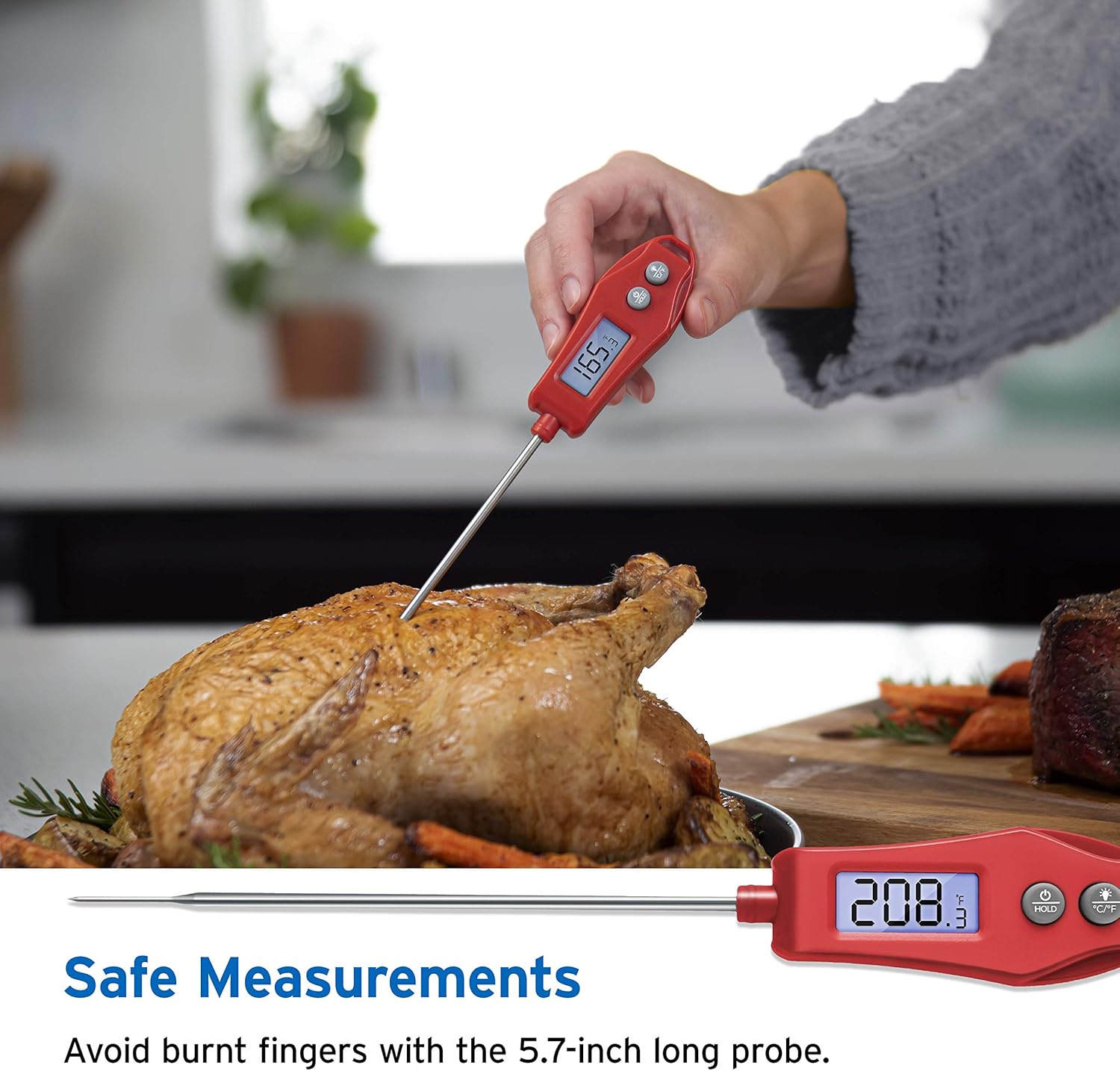 Etekcity EMT100 Meat Thermometer with Backlight Display for Food, Kitchen, Cooking, Baking, Candy, Grilling, Smoking&BBQ, 5" Long Probe with Magnet, Red: Kitchen & Dining