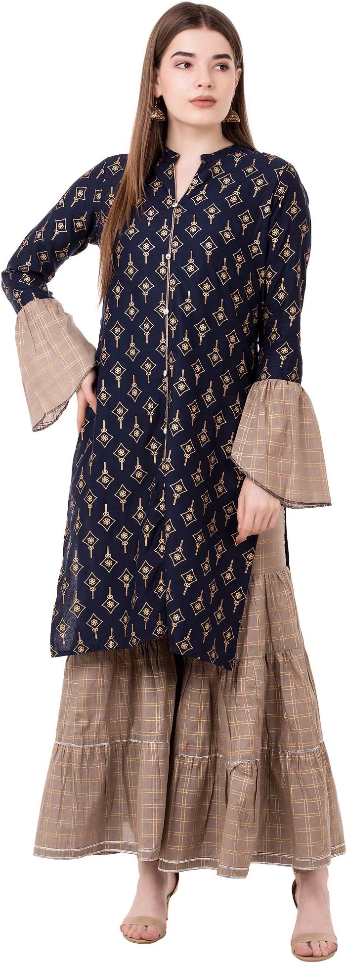 Crazora Women's Blue Gold Print Kurta Sharara Set
