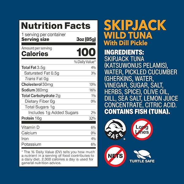 WILD PLANET WILD SKIPJACK TUNA WITH DILL PICKLE TINNED FISH, CANNED TUNA, SUSTAINABLY WILD-CAUGHT, 3 OZ PACK OF 1