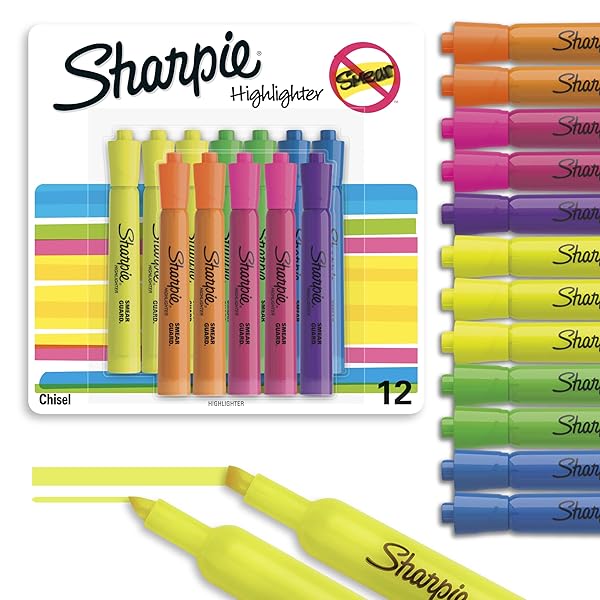 SHARPIE TANK HIGHLIGHTERS, CHISEL TIP, ASSORTED FLUORESCENT, SIX ASSORTED COLORS, 12 COUNT – BACK TO SCHOOL, OFFICE, TEACHER SUPPLIES