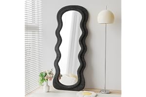 Dewfig Full Length Mirror, 63" x 24"Irregular Wavy Mirror, Large Floor Length Mirror Wall Mounted, Standing Wavy Mirror with Flannel Wrapped Wooden Frame for Bedroom/Living Room, Black
