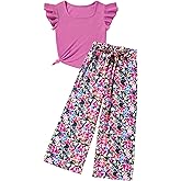 Crazyme Girls Clothes, Teen Girl Clothes Sleeveless Ruffle Trim Tank Top and High Waist Print Pants Summer Clothes 2PC 6-14