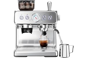 Kndko Espresso Machine with Grinder, 20 Bar Automatic Espresso Maker with Milk Frother Steam Wand, Removable Water Tank, Latte & Cappuccino Machine for Home Barista