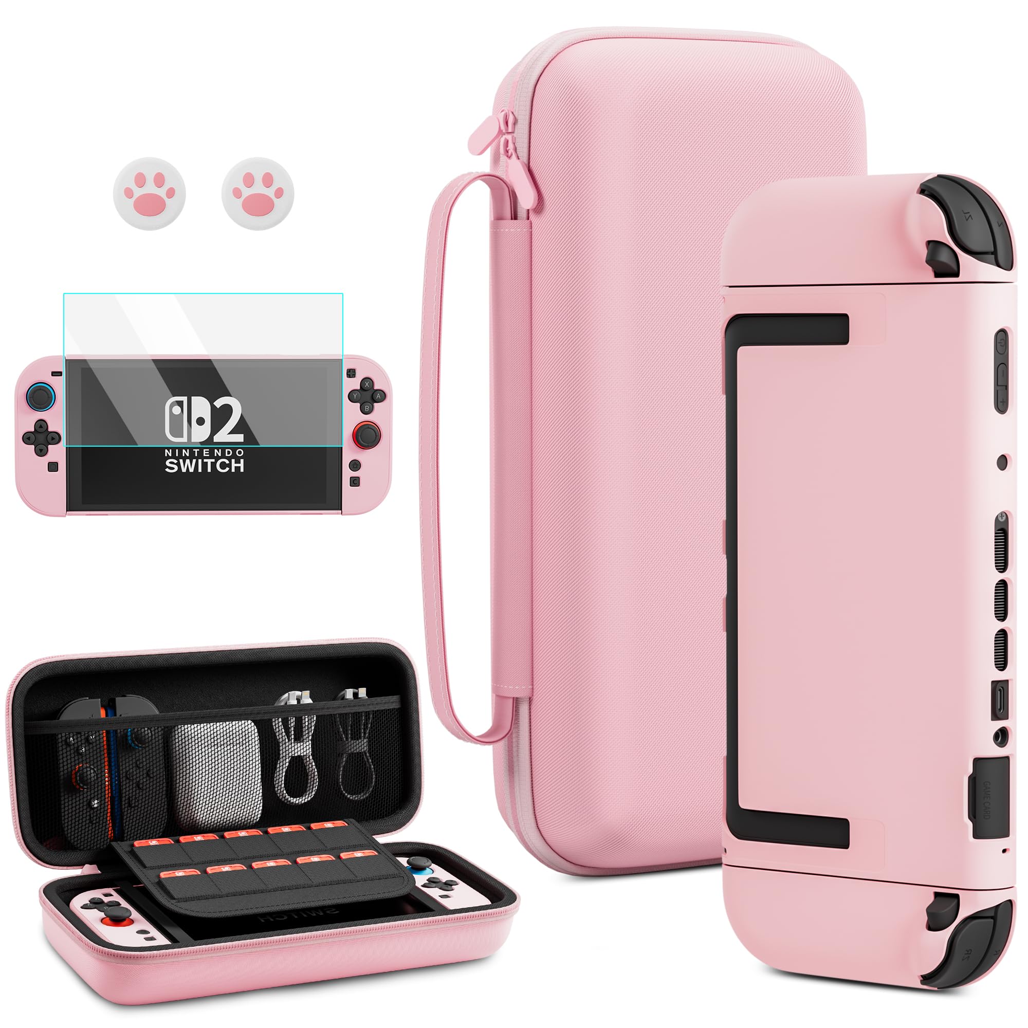 RHOTALL Pink Carrying Case for Nintendo Switch 2 (2025) 7.9 Inch, Protective Portable Travel Carry Case with 10 Game Card Slots, Hard Shell Cover for Switch 2,Screen Protector,2 Thumb Caps -girls