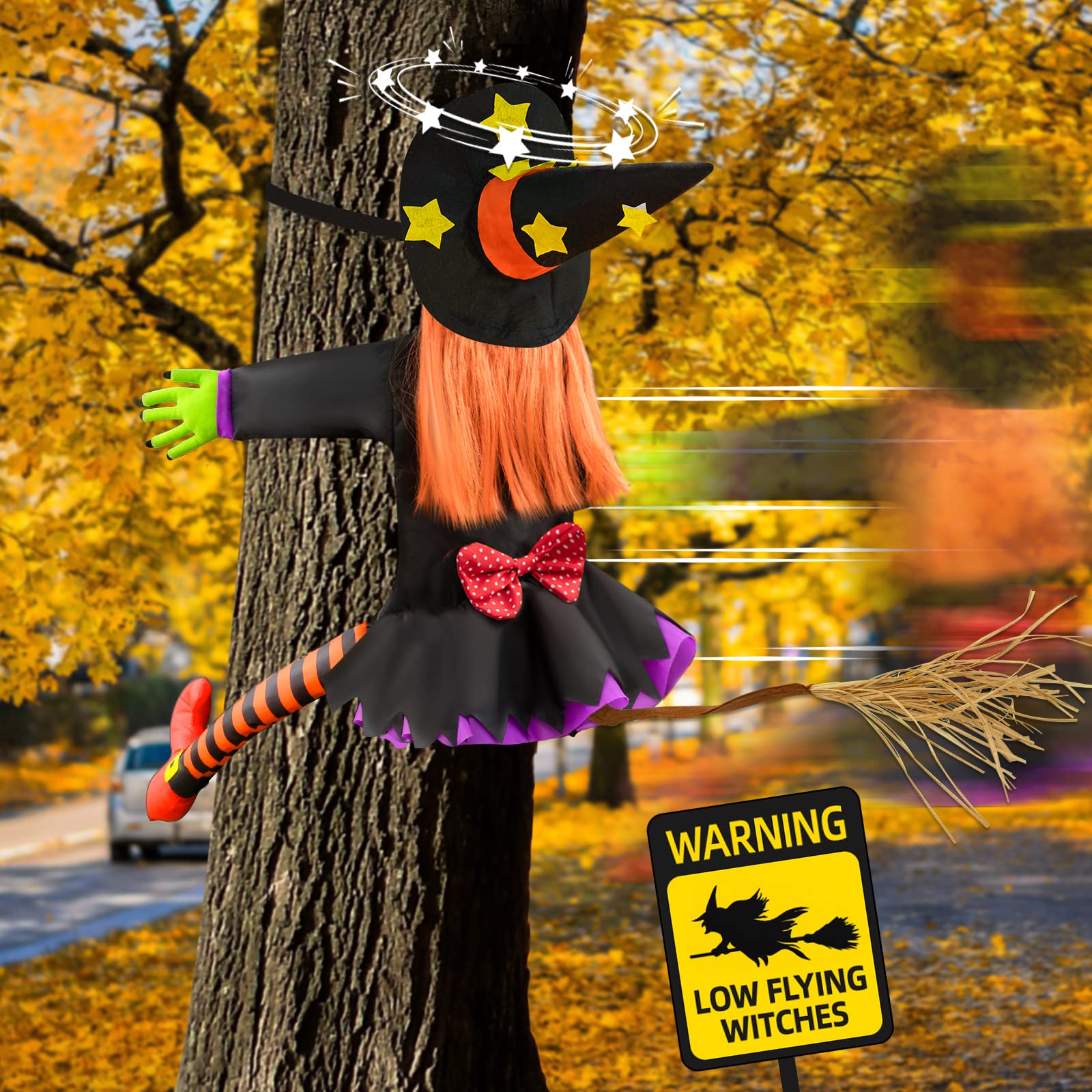 Photo 1 of Halloween Decorations Outdoor Crashing Witch: 44'' Flying Crashed Witches Hanging into Tree - Halloween Decor for Yard Garden Porch