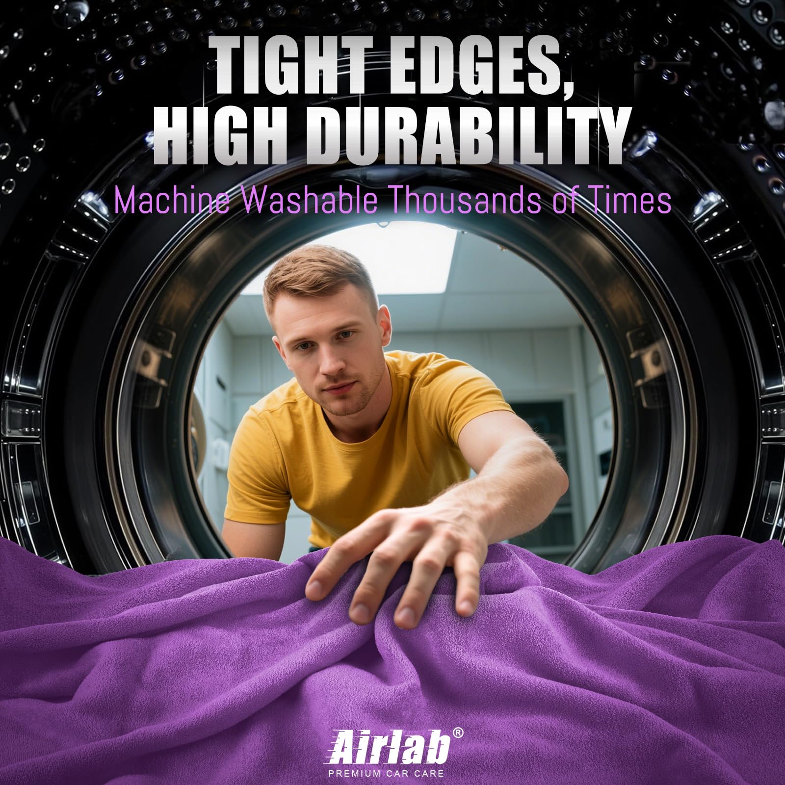 Airlab XXL Trockentuch Auto Mikrofasertücher 90X60 cm, Poliertücher Auto Tuch Zum Trocknen, Großes Microfasertuch für Autopflege, Saugstark & Lackschonend, Lila & Grau, 500 GSM 7