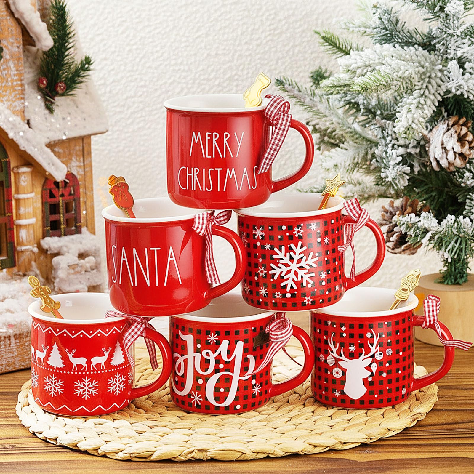 Photo 1 of (small hot coca cups) Baderke 6 Set Christmas Coffee Mugs and Spoons *11oz * Christmas Ceramic Mugs with Ribbon Santa Winter Hot Cocoa Snowflake Cup for Xmas Decorations Gift(Plaid)