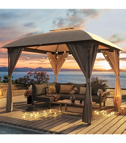 LAUSAINT HOME 10'x10' Patio Curved Gazebo Outdoor Canopy Tent, 2025 Party Tent Shelter with Expansion Bolts and Wind-Resistant Ropes for Patios, Garden, Backyard and Lawn, Khaki