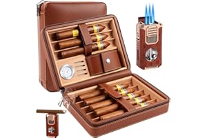 Budiwati Travel Cigar Humidor Case, Leather Wood Cigar Humidor Box for 8 Cigars with Humidifier Box & Torch Lighter, Portable Travel Humidor Cigar Set, Cigar Accessories Gift for Men (No Butane)