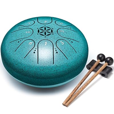 PUJONI Steel Tongue Drum, 6 Inch 8 Notes Percussion Instruments with Music Book, Mallets, Carry Bag, Finger Picks, Gifts for Beginners Musical Education & Adults Relaxation Meditation (Malachite)