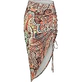ZAFUL Women's Boho Skirt Asymmetrical Skirts Tied Floral Paisley Printed High Waist Ruched Skirts for Women