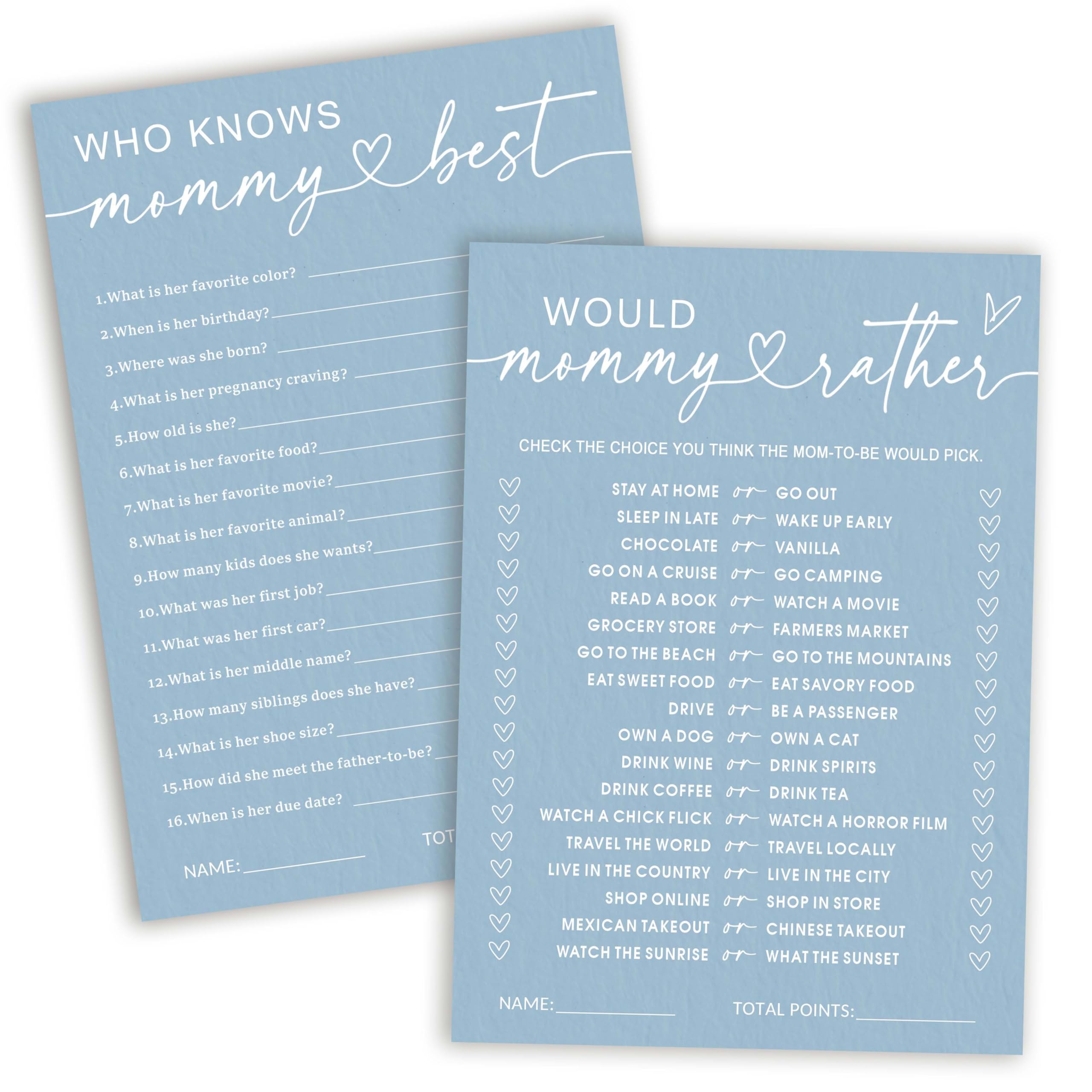 Photo 1 of GOLRMC Hilarious Baby Shower Games,Who Knows Mommy Best & Would Mommy Rather Double-sided Games, Minimalism Blue Baby Shower Decorations Favors Ideas-25 pcs 5x7 in -A01