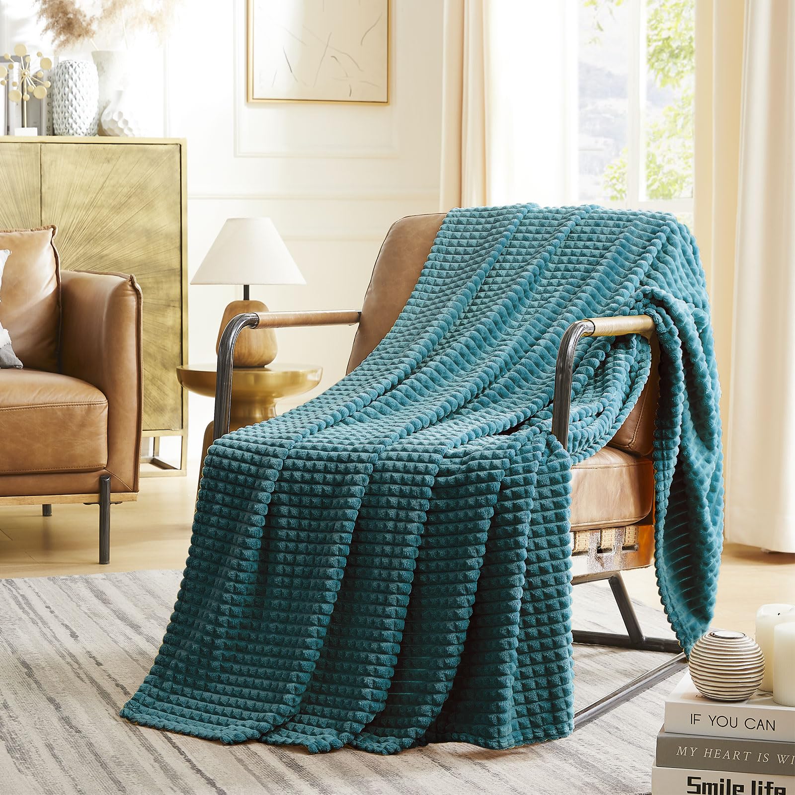 KASYLAN Super Soft Flannel Fleece Throw Blanket Grid Jacquard Decorative Warm Cozy Blanket for Sofa, Couch, Bed, Camping, Travel, Suitable for All Seasons(Dark Teal, 127x152cm) — image 1