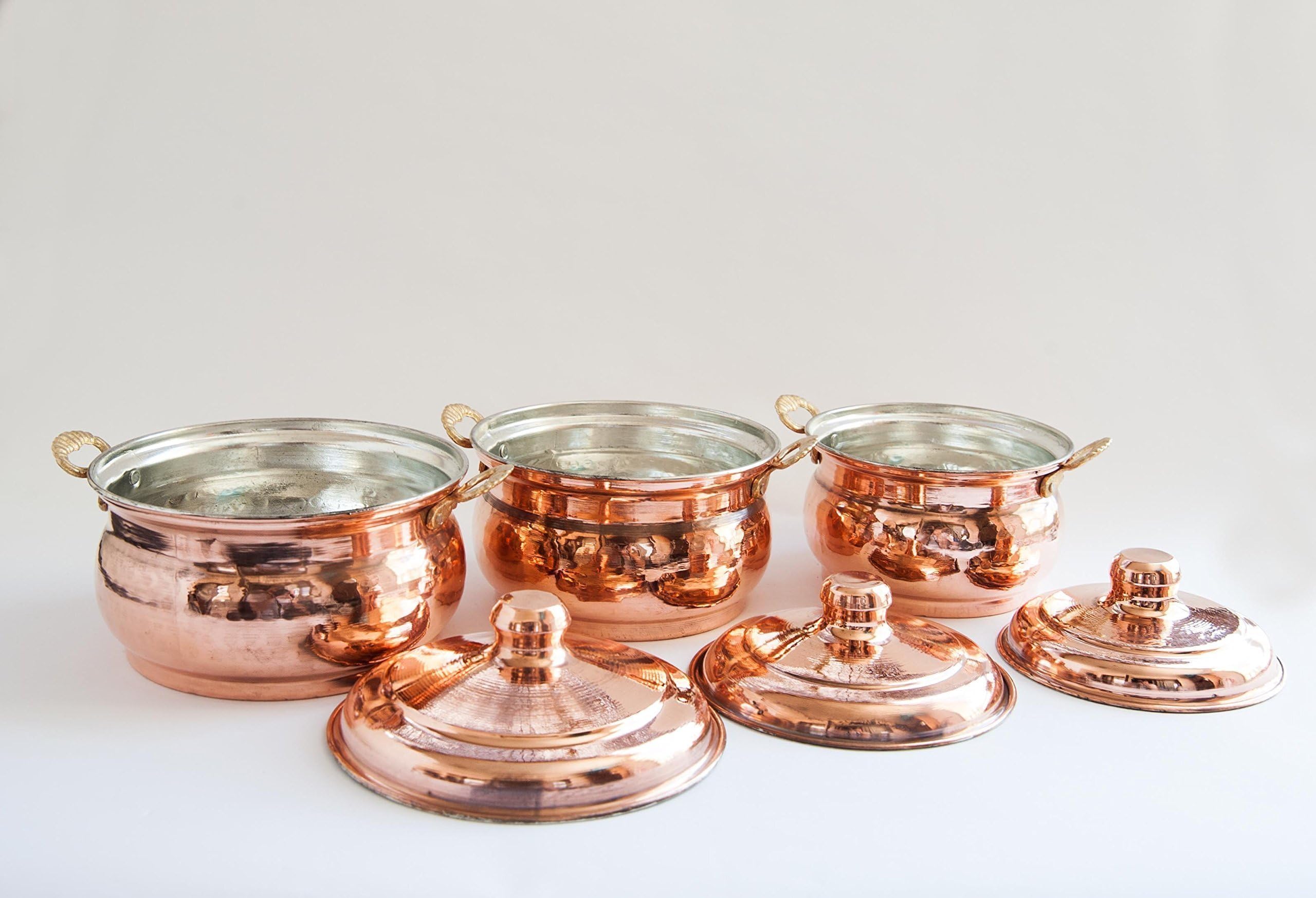 3 x Turkish Copper Cooker / Stewpot / Saucepan Set of 3 with Brass Handle and Pot Lid
