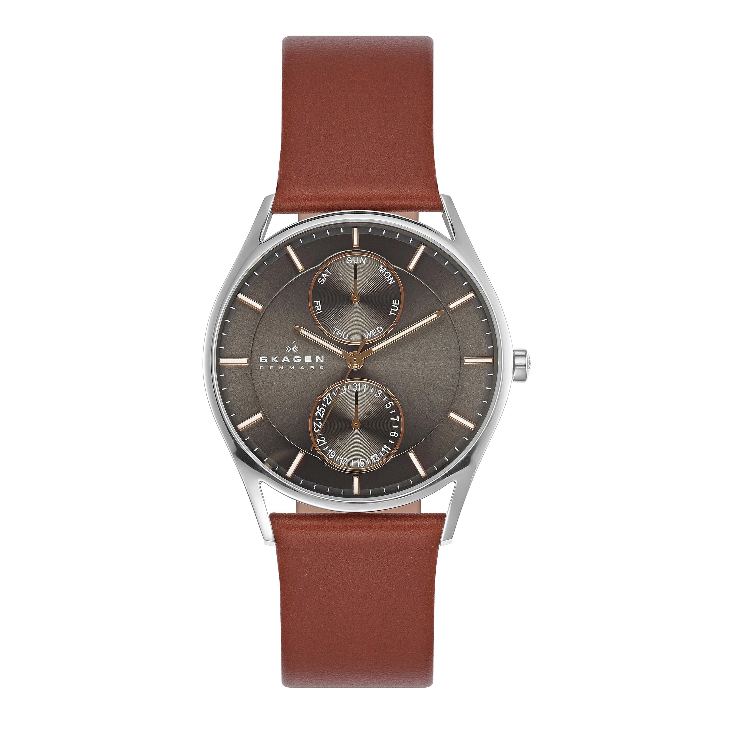 Skagen Reloj multifunción Holst plateado de acero inoxidable y correa de cuero marrón para hombre (Modelo: SKW6086)