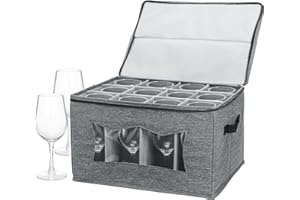 Elsjoy Wine Glass Storage Box with 12 Dividers, Stemware Storage Case Crystal Wine Glassware Dividing Container with Window a