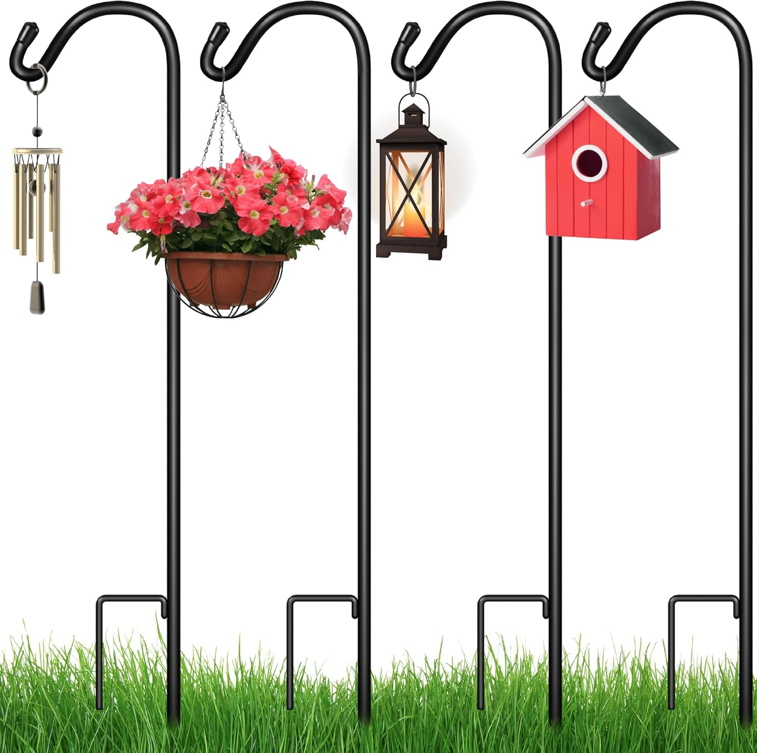 Outdoor Shepherd's Hooks - Best Choice Products 65in Set of 4 Shepherd Hooks Outdoor Metal Adjustable Garden Hooks for Hanging Pots, Solar Lights & Lanterns, Bird Feeders, Wedding Decor w/ 2-Prong Base, 0.5in Diameter – Black