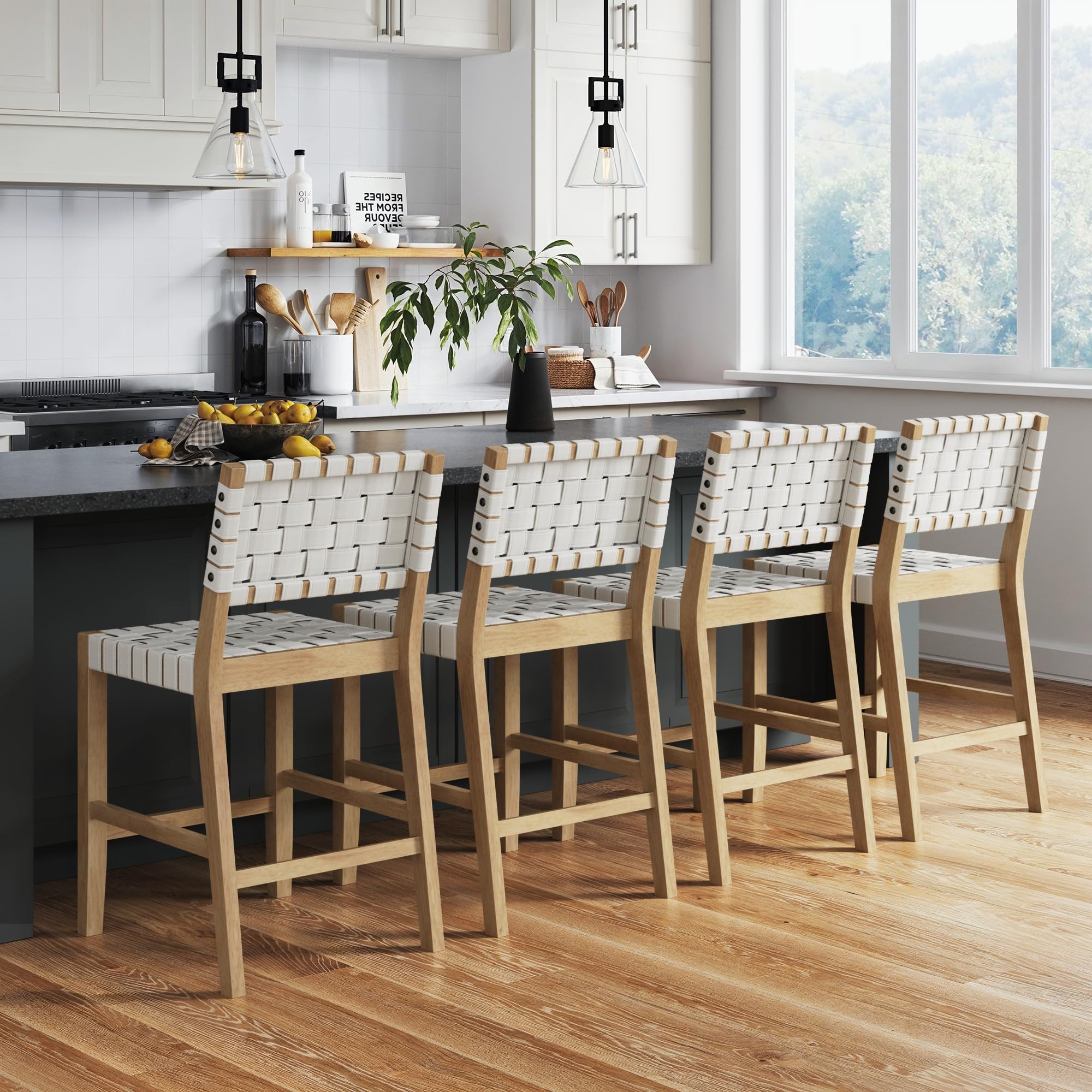 Photo 1 of Nathan James Cohen Mid Century Modern Bar Stool, Upholstered Faux Leather Counter Stool with Back and Solid Wood Legs, Off White, Set of 4