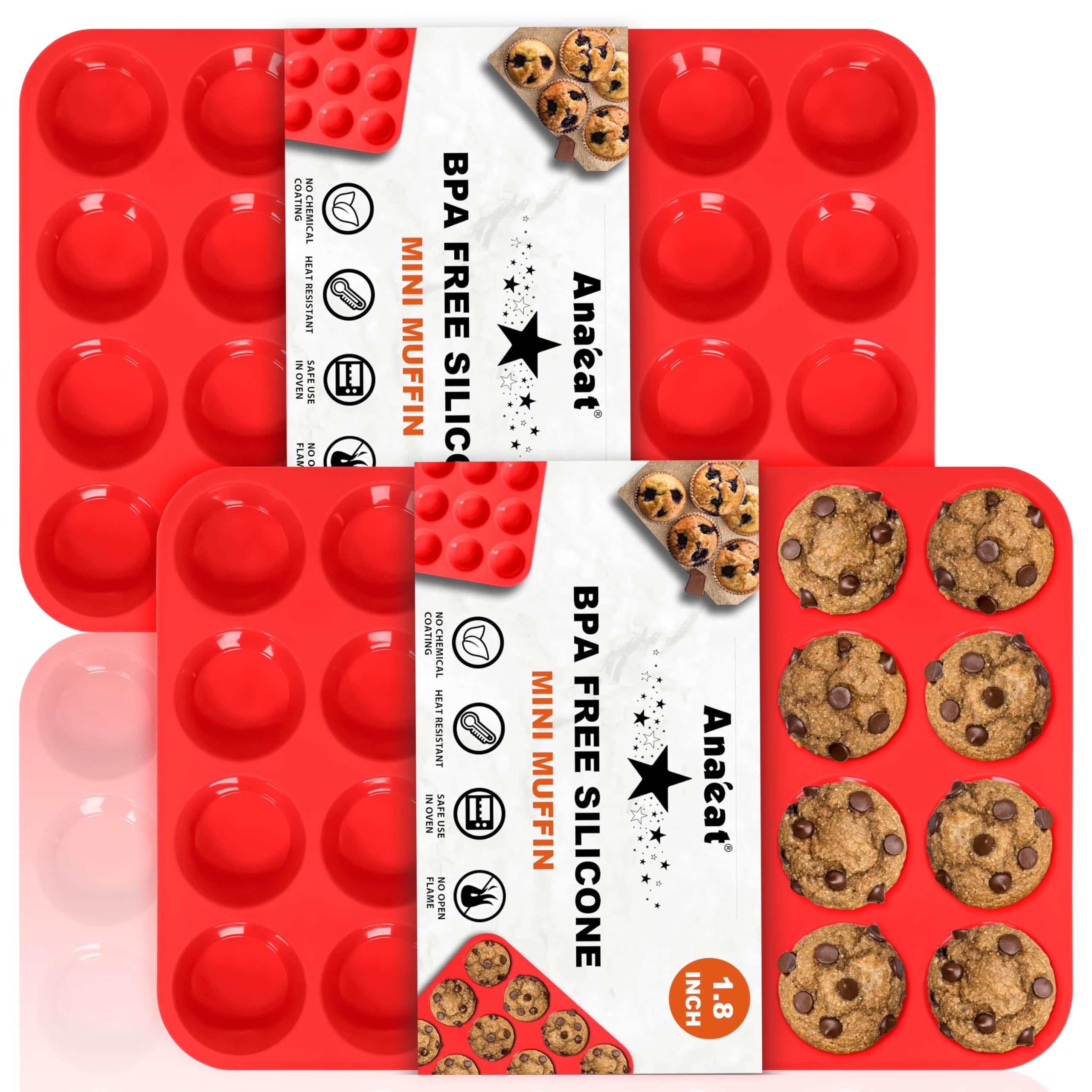 Anaeat Silicone Muffin Pan Set- Mini 24 Cups Cupcake Tray, Non-Stick Silicone Baking Molds for Making Muffin Cakes, Cupcake, Chocolate, Bread, Tart and Desserts, Just Pop Out (2 Pack)