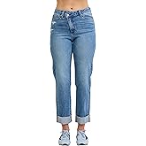 Judy Blue Womens Jeans - High Waisted Boyfriend Criss-Cross Mild Destroy Single Cuff