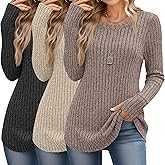 Huukeay 3 Pack Women's Long Sleeve Sweaters Lightweight Crew Neck Tunic Tops with Thumb Holes Loose Ribbed Curved Hem Shirts