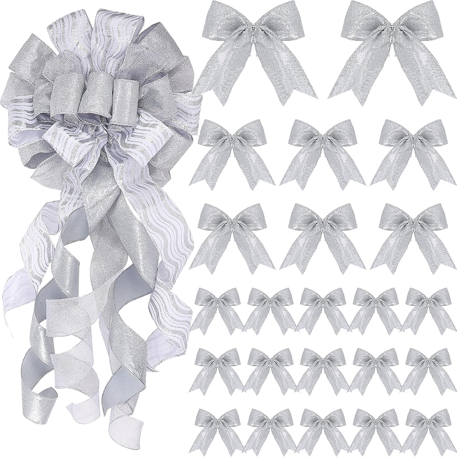 Bows & Ribbons - 36 Pieces 3 Sizes Christmas Tree Topper Bow 12 x 34 Inch Large Christmas Wreath Bow Decoration Glitter Bow with Long Streamer for Christmas Tree Wreath Party Decoration (Silver)