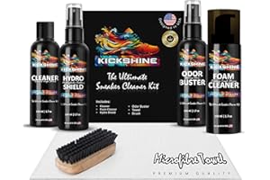 KICKSHINE Ultimate Sneaker Cleaner Kit - All-In-One Premium Sneaker Care Kit - Includes Sneaker Cleaner, Foam Cleaner, Odor Buster, Hydro Shield, 1 Towel and 1 Brush