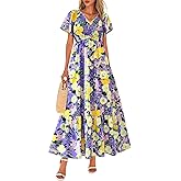 PRETTYGARDEN Boho Dresses for Women 2026 Summer Floral Short Sleeve V Neck Smocked Flowy Beach Vacation Maxi Dress