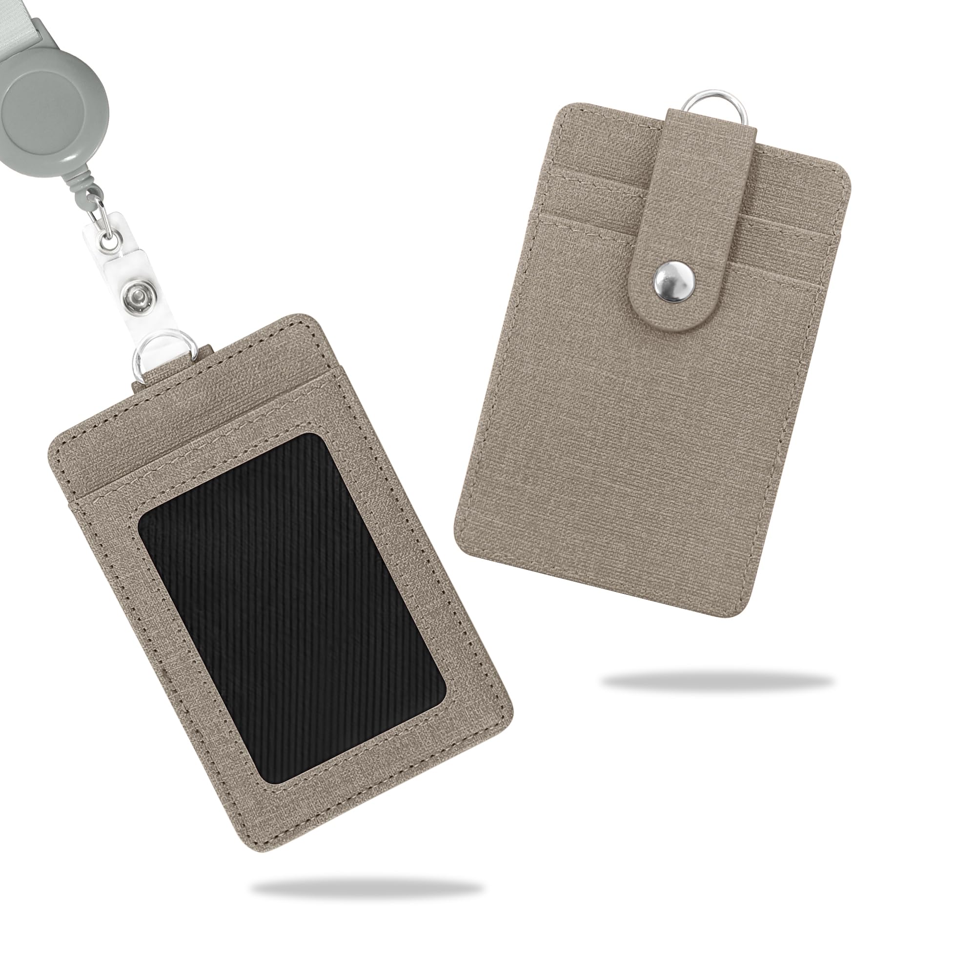 Wocoxo ID Badge Holder with Retractable Lanyard, Vertical PU Leather ID Badge Card Holder with 2 Card Slots (Grey) — image 1