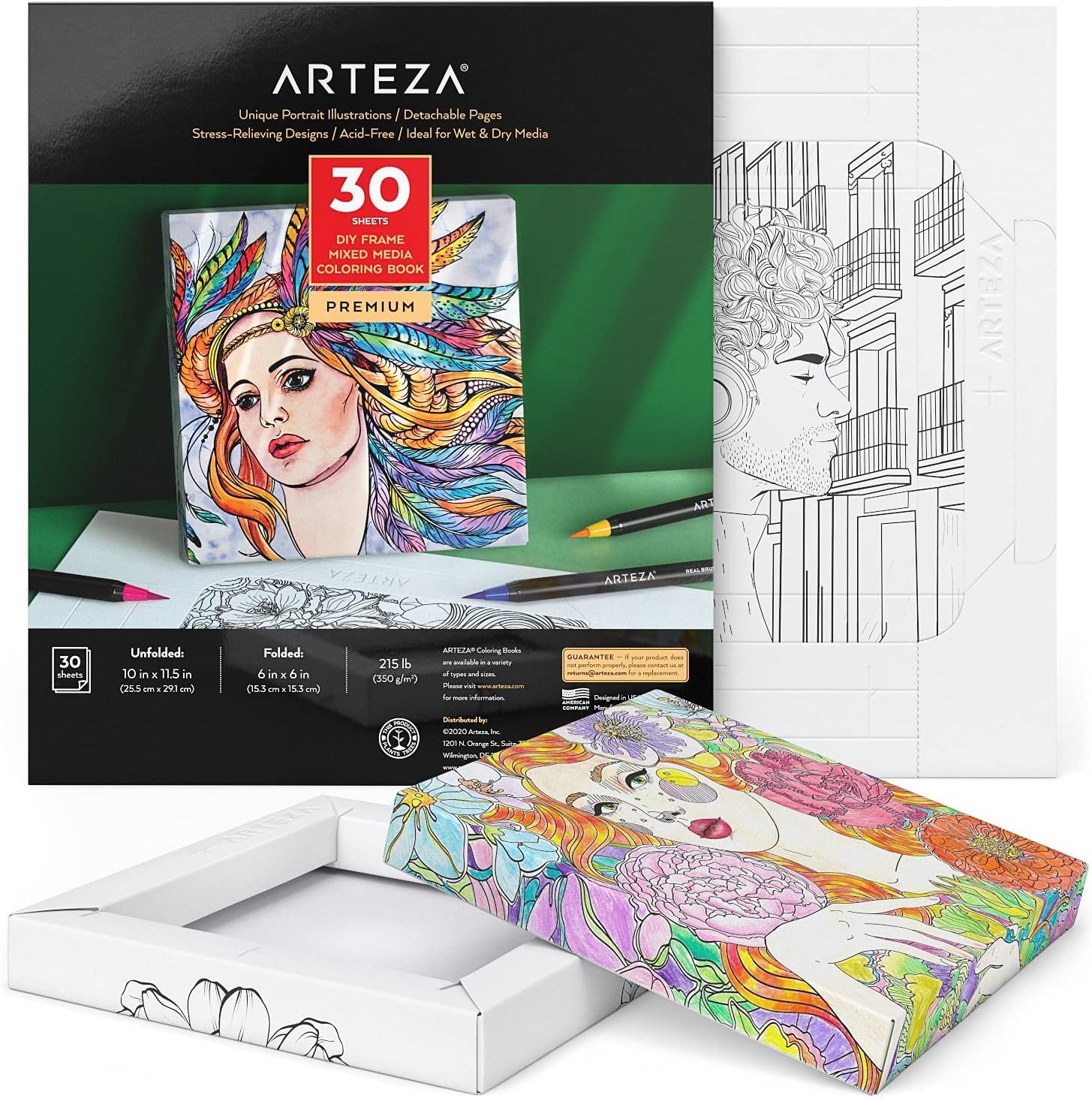Arteza Adult Colouring Book, 25.5 x 29.1 cm, 15.3 x 15.3 cm Folded, 30 Sheets, Portrait Illustrations, 350 GSM, DIY Colouring Sheets for Relaxing