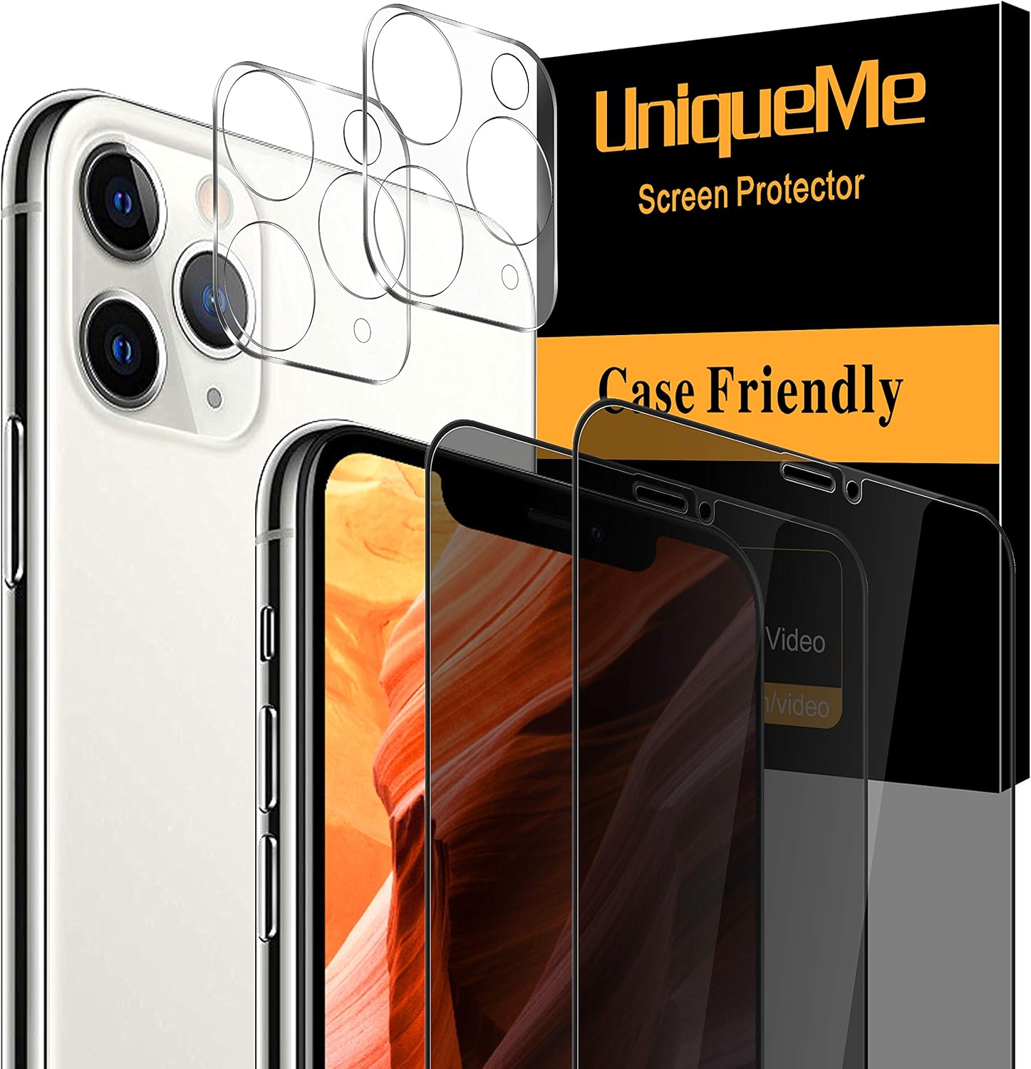 [4 Pack] UniqueMe Screen Protector for iPhone 11 Pro Max (6.5 inch),2 Pack Privacy Tempered Glass and 2 Pack Tempered Glass Camera Lens Protector 9H Hardness