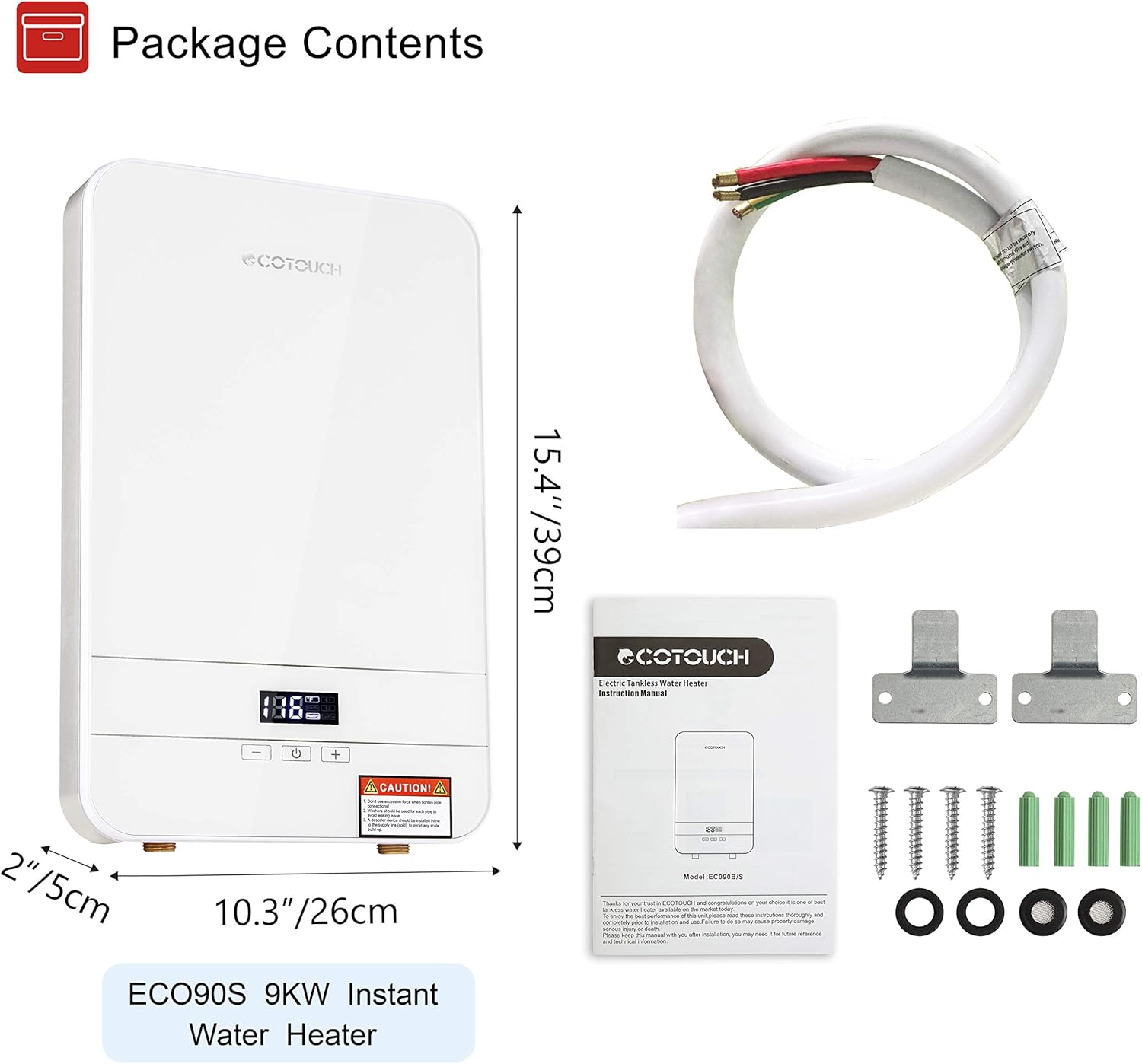 Tankless Water Heater Electric ECOTOUCH 9KW 240V on Demand Water Heater Self-Modulating Instant Hot Water Heater Point Of Use Water Heater ECO90 White - - 