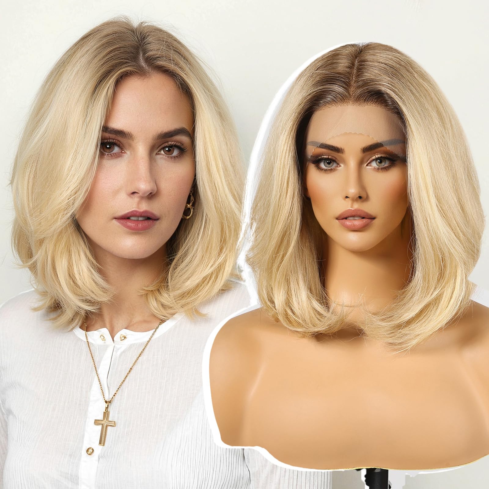 Photo 1 of KOME Ombre Blonde Human Hair Wigs,13X5X1 Glueless Bob Layered Lace Front Wig for White Women,Fiber & Remy Human Hair Blend for Daily Use 10IN
