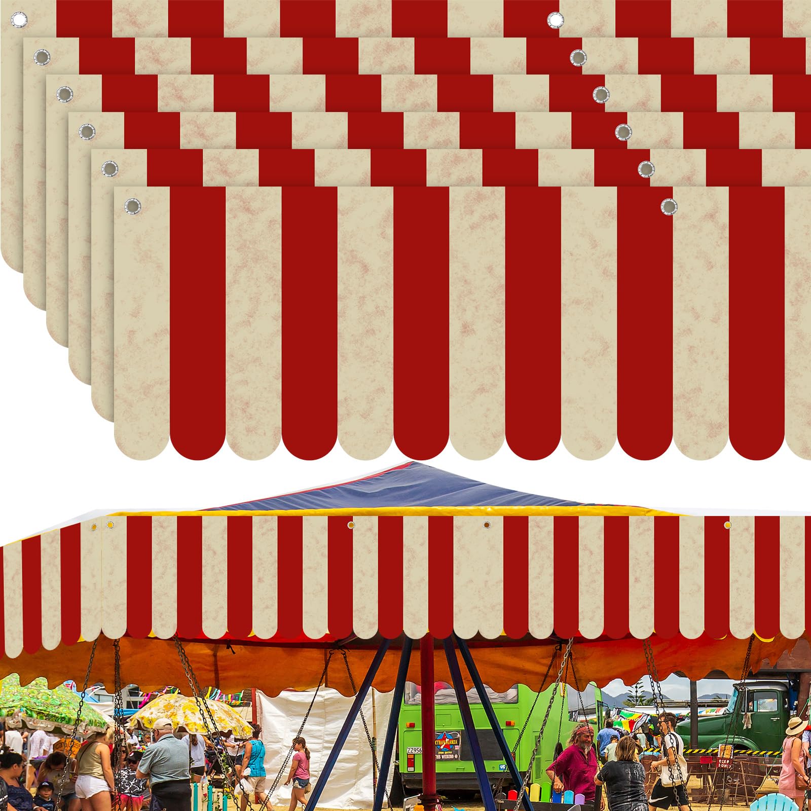 Photo 1 of
Tingjoo 6 Pcs Carnival Circus Tent Awning Decorations Carnival Circus Theme Party Decorations Concession Stand Sign Hanging Banner Creepy Red White Striped Halloween Party Supplies, 9.84 x 78.74 in