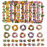 JEKANEL 40 PCS Hawaiian Flower Leis,Tropical Luau Party Supplies of Hula Garland Necklaces Bracelets Headband for Hawaii Deco