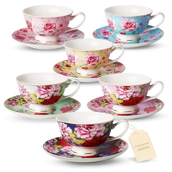BTAT- FLORAL TEA CUPS AND SAUCERS, 8 OZ, SET OF 6