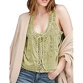 WINSASI Women Boho Lace Tank Top Boho Summer Vacation Top Sleeveless Button Down Front Tie Lace Y2k Tops Cute Shirt