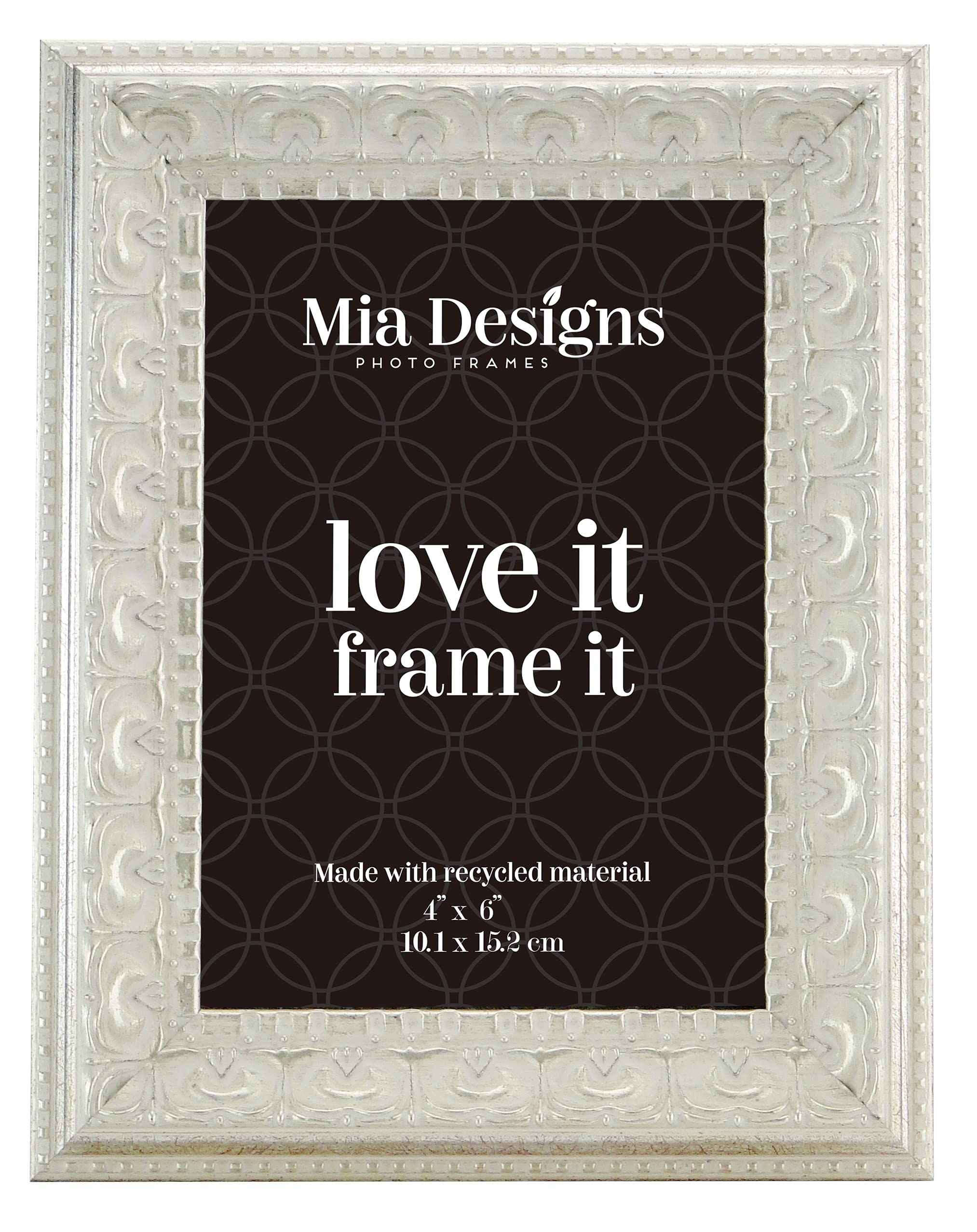 Mia Designs Picture Frame Baroque Silver 4x6 (10x15cm) Photo Frame for Desk, Wall and Table Top in Eco-friendly PS material Environmentally Friendly Freestanding Frame